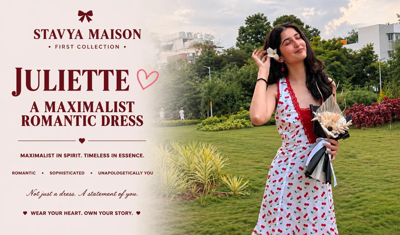Woman in cherry print romantic dress holding flowers, styled for maximalist fashion