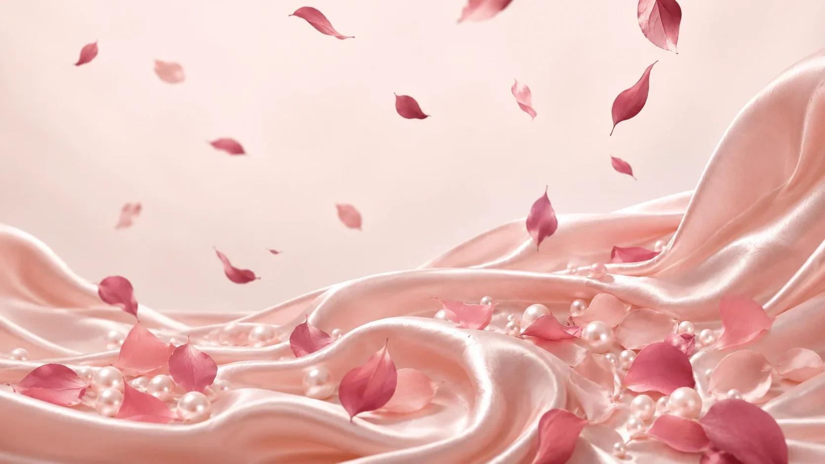 Luxurious pink silk fabric with falling rose petals and pearls, evoking elegance and femininity.
